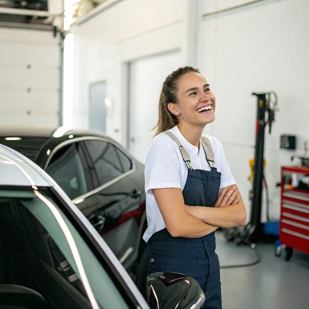 Emma smiling next to her serviced car