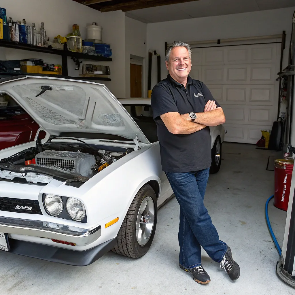 John standing next to his fixed car